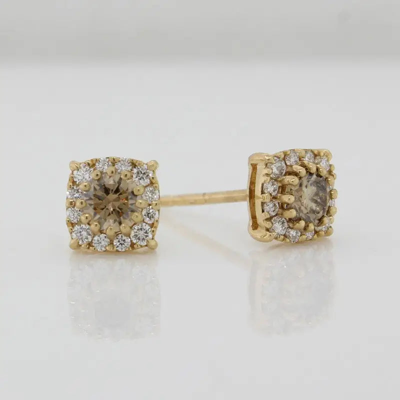 18 Carat Yellow Gold Australian Chocolate Diamond (from the Argyle Mine) = 0.35 Carat & Diamond Halo TDW = 0.20  Carat Stud Earrings