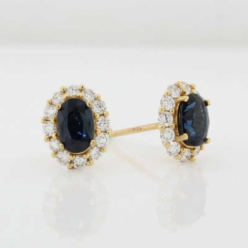 18 Carat Yellow Gold Australian Sapphire 1.33ct & Diamond Halo 0.45ct Stud Earrings