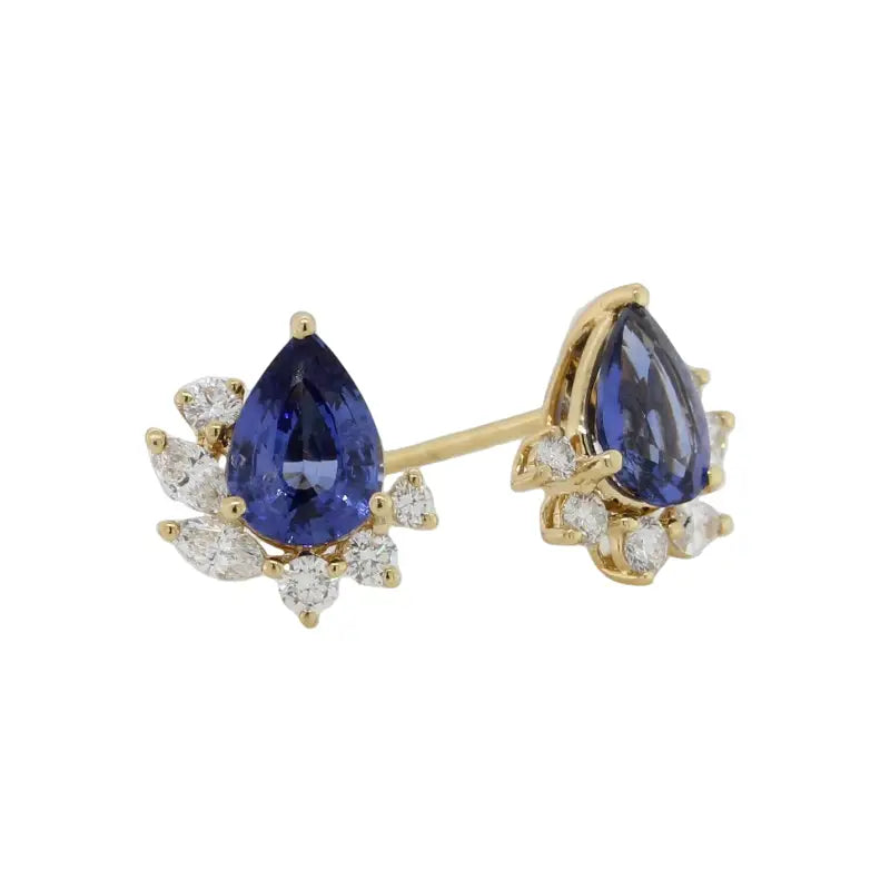 18 Carat Yellow Gold Ceylon Sapphire 1.48 Carat & Diamond Stud Earrings