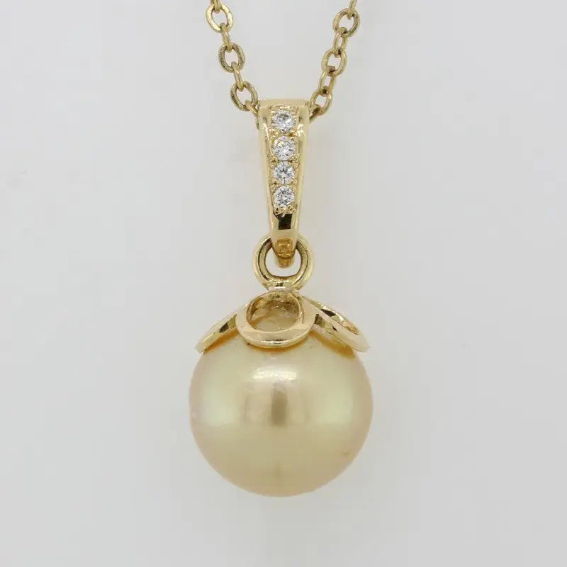 18 Carat Yellow Gold Handmade Diamond Set Bail with Gold South Sea Pearl Pendant 