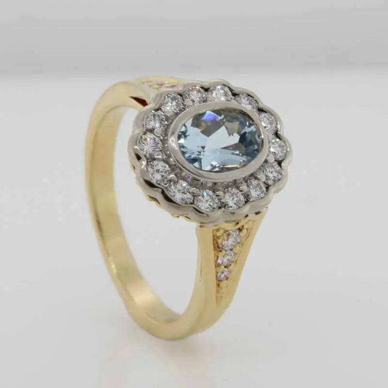 18 Carat Yellow & White Gold  Aquamarine Diamond Halo Dress Ring