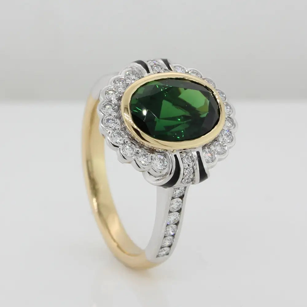 18 Carat Yellow & White Gold Green Tourmaline 2.40ct With Diamond Halo & Shoulders = 0.47ct Dress Ring