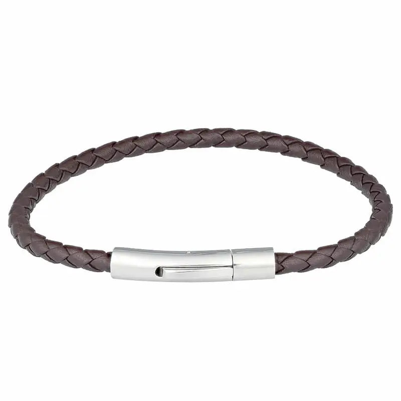 4mm Mens Brown Leather & Stainless Steel Shiny Clip Bracelet, 18cm