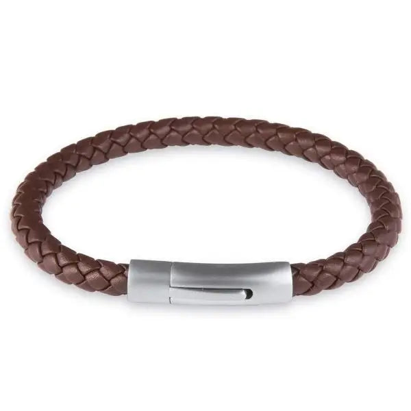 6mm Mens Brown Leather & Stainless Steel Clip Bracelet, 25cm