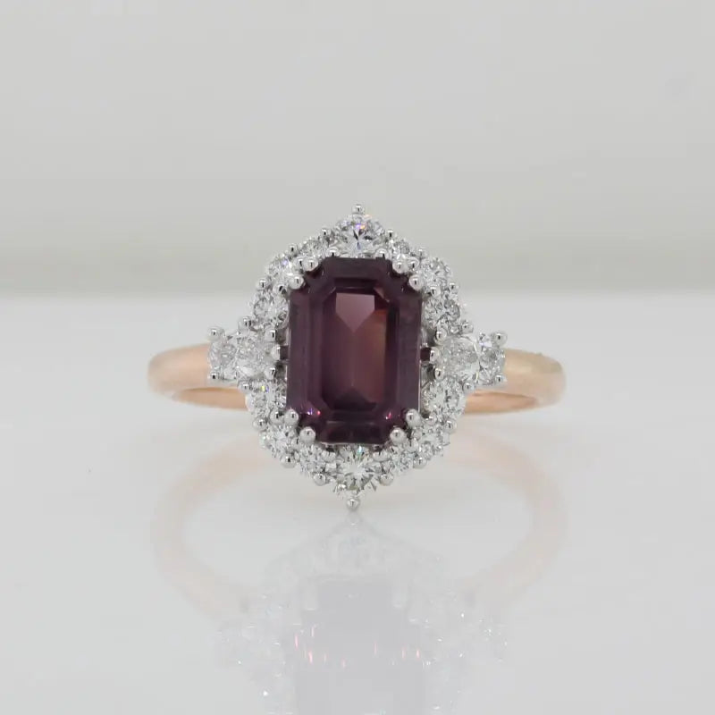 9 Carat Rose and White Gold Diamond and Purple Spinel Octagonal Cut Ring 