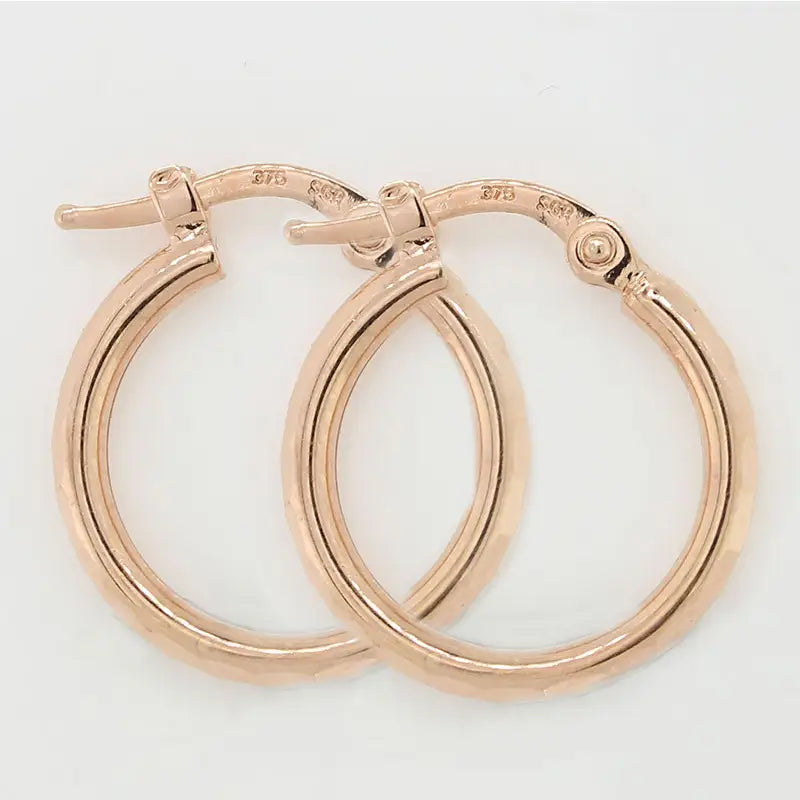 9 Carat Rose Gold 1.5x12mm Diamond Cut Hoop Earrings