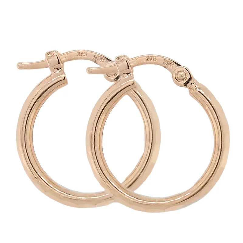9 Carat Rose Gold 1.5x12mm Diamond Cut Hoop Earrings
