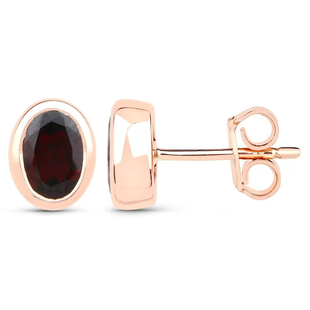 9 carat Rose Gold 7x5mm Oval Garnet Bezel Set Stud Earrings