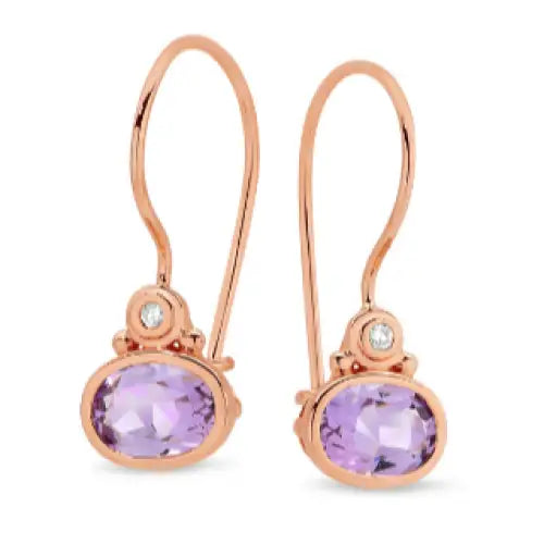 9 Carat Rose Gold 7x5mm Oval Pink Amethyst & Diamond Shepherd Hook Earrings