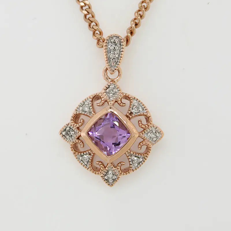 9 Carat Rose Gold Amethyst Diamond Pendant w. 45cm Curb Chain