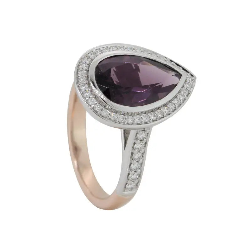 9 Carat Rose Gold Band with 9 Carat White Gold Halo Diamond Set Setting with Pear Shape Grape Spinel Grape Colour 4.06 Carat TDW 0.35ct