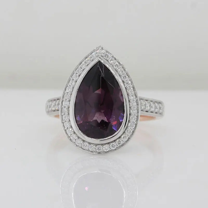 9 Carat Rose Gold Band with 9 Carat White Gold Halo Diamond Set Setting with Pear Shape Grape Spinel Grape Colour 4.06 Carat TDW 0.35ct