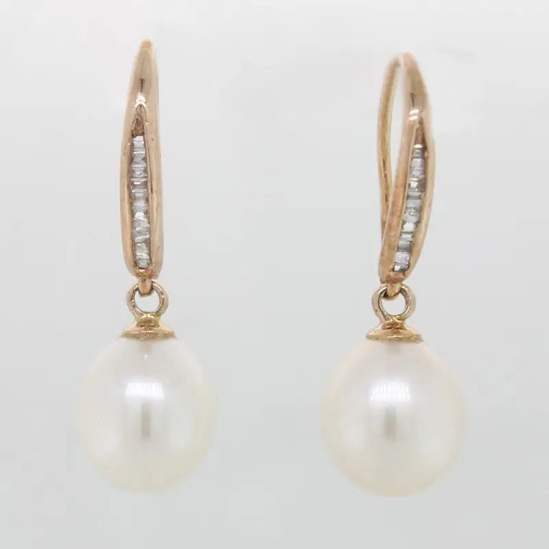 9 Carat Rose Gold Fresh Water Pearl & Diamond Drop Earrings