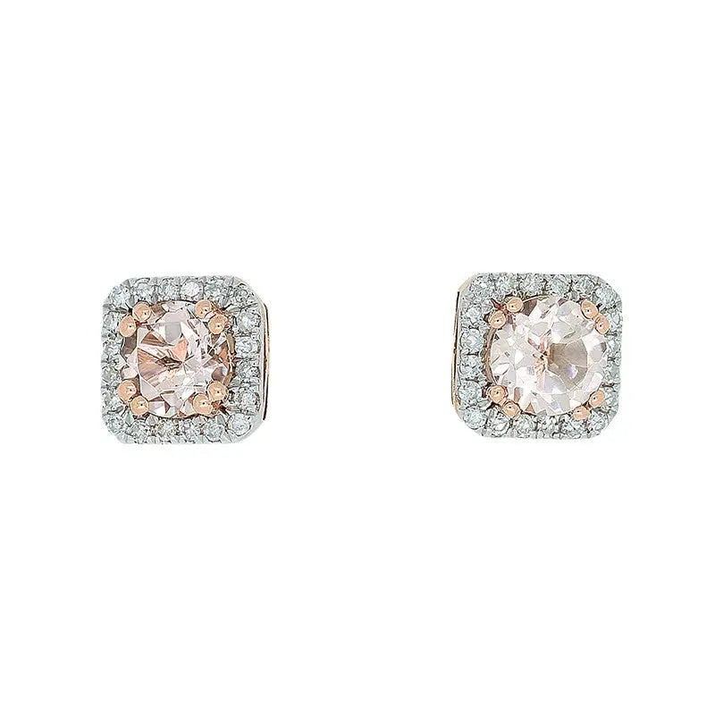 9 Carat Rose Gold Morganite & Diamond Halo Stud Earrings