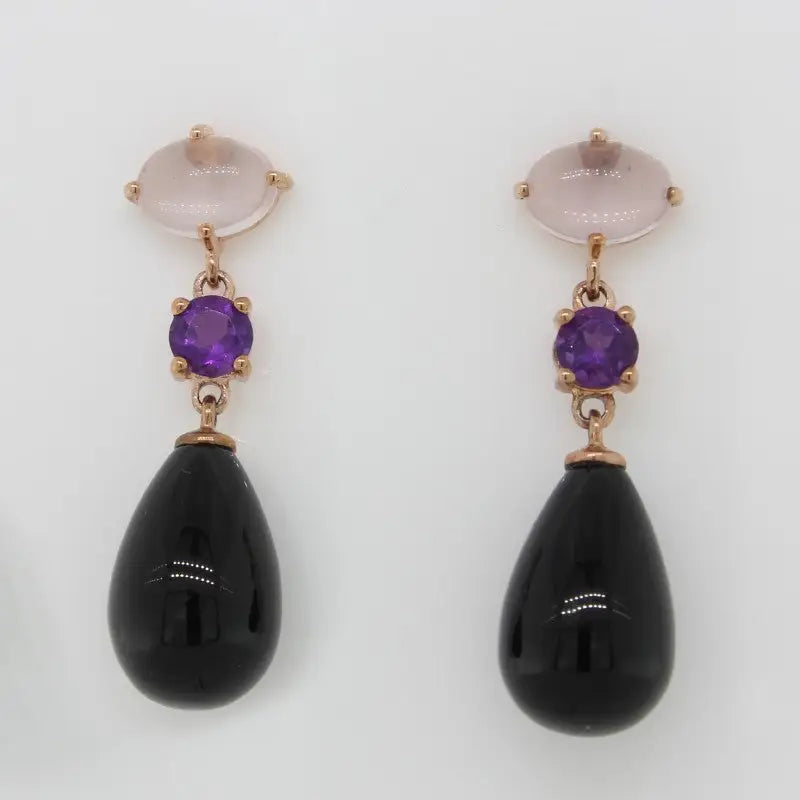 9 carat  Rose Gold  Rose Qtz, Amethyst & Onyx Stud Drop Earrings