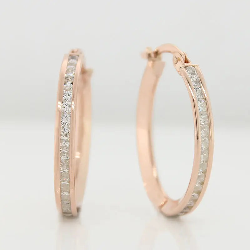 9 Carat Rose Gold Silver Filled Oval Hoop Princess Cut Cubic Zirconia Channel Set Earrings