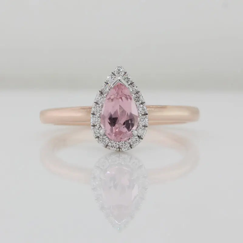 9 Carat Rose & White Gold Pink Tourmaline Pear Shape with Diamond Halo Ring