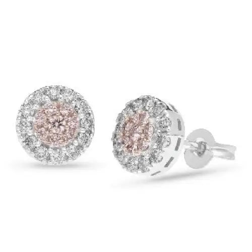 9 Carat White & 9 Carat Rose Gold Australian Pink Diamond (from the Argyle Mine) & Diamond Halo Stud Earrings, TDW 0.58 Carat