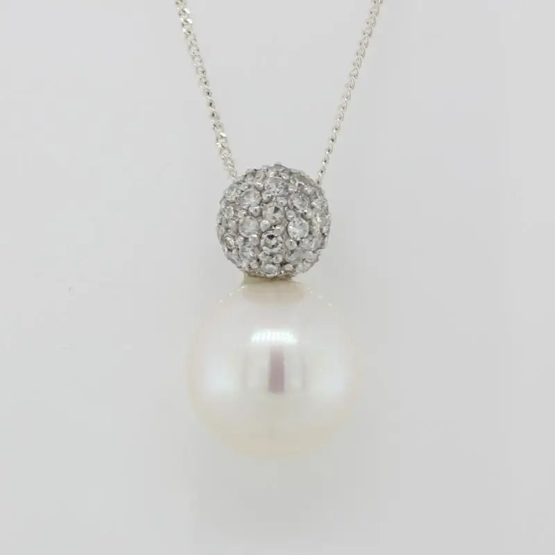 9 Carat White Gold 10.5mm - 11mm Near Round White Cultured Freshwater Pearl & Diamond Pave Set 7mm Ball Shaped Bail Pendant