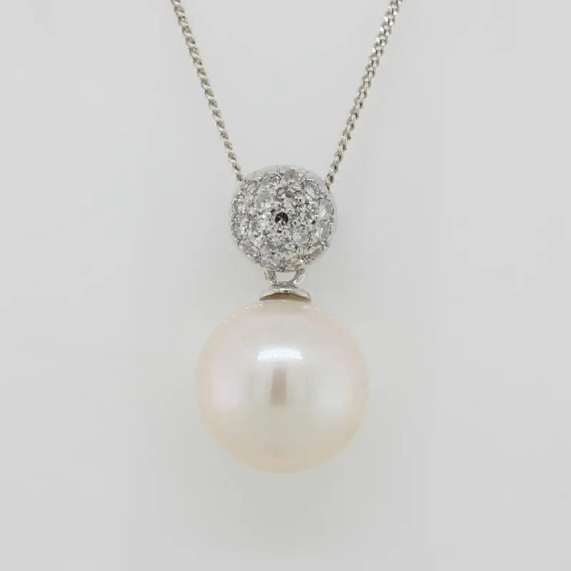9 Carat White Gold 10.5mm - 11mm Near Round White Cultured Freshwater Pearl & Diamond Pave Set 7mm Ball Shaped Bail Pendant 2