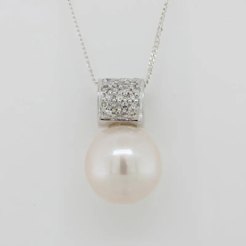 9 Carat White Gold 10.5mm x 11mm Near Round White Cultured Freshwater Pearl & Pave Diamond Set Round Bail Pendant