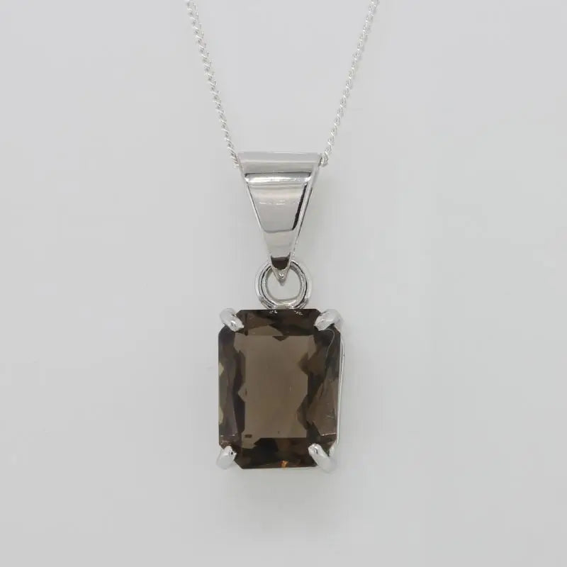 9 Carat White Gold 10mm x 8mm Emerald Shape 2.70 Carat Smoky Quartz Handmade Pendant