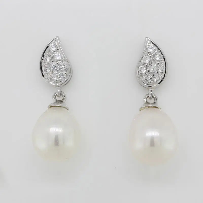 9 Carat White Gold 10mm x 9mm Drop White Cultured Freshwater Pearl & Pave Diamond Set Leaf Shape Stud Earrings