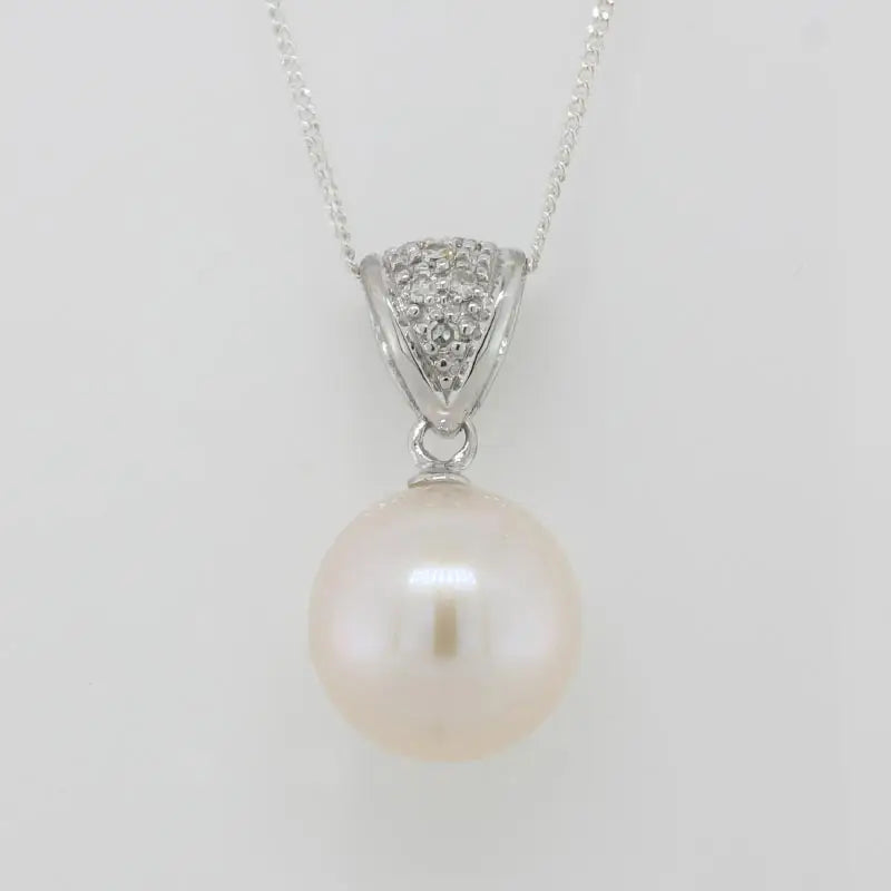 9 Carat White Gold 11mm - 11.5m Near Round White Cultured Freshwater Pearl & Diamond Pave Set 6.7mm Wide Bail Pendant