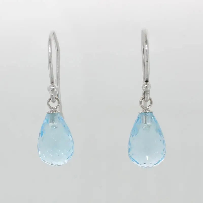 9 Carat White Gold 12mm x 8mm Briolette Drop Blue Topaz Drop Shepherd Hook Earrings