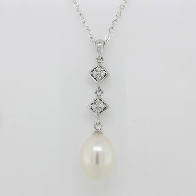 9 Carat White Gold 14mm x 9mm Oval Drop White Cultured Freshwater Pearl & Pave Diamond Set Diamond Shapes Pendant