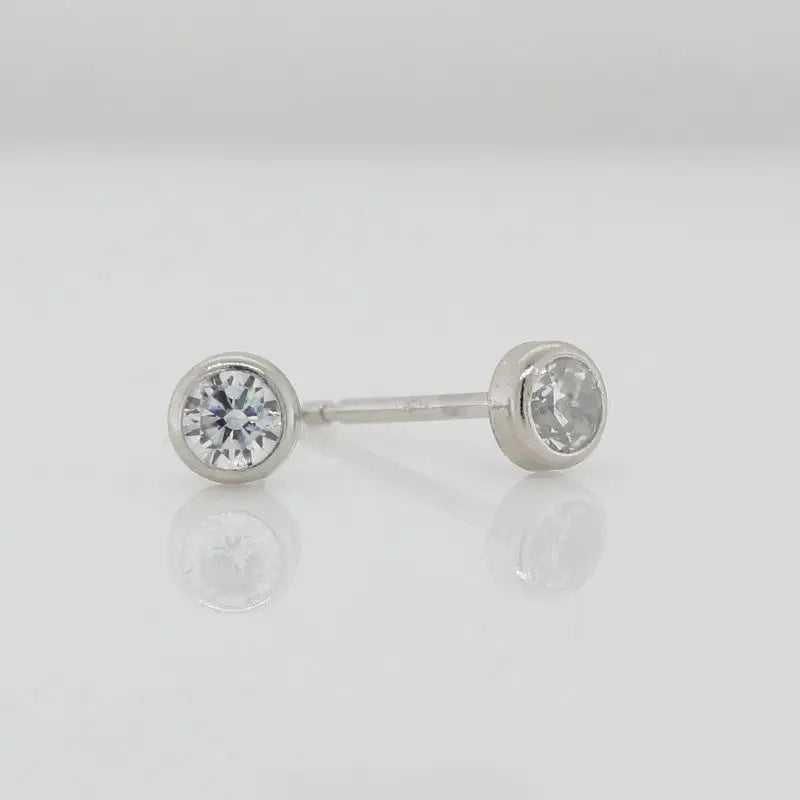 9 Carat White Gold 3mm Round Bezel Set Cubic Zirconia Stud Earrings