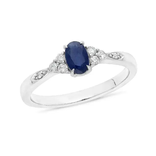 9 Carat White Gold 6mm x 4mm Oval Sapphire Equalling 0.56 Carat & 8 Diamonds Equalling 0.14 Carat, Ring 