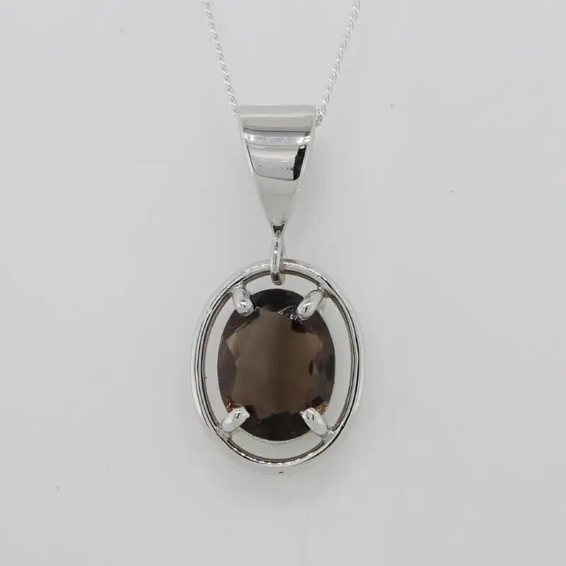 9 Carat White Gold 9mm x 7mm Oval 1.37carat Smoky Quartz Handmade Pendant