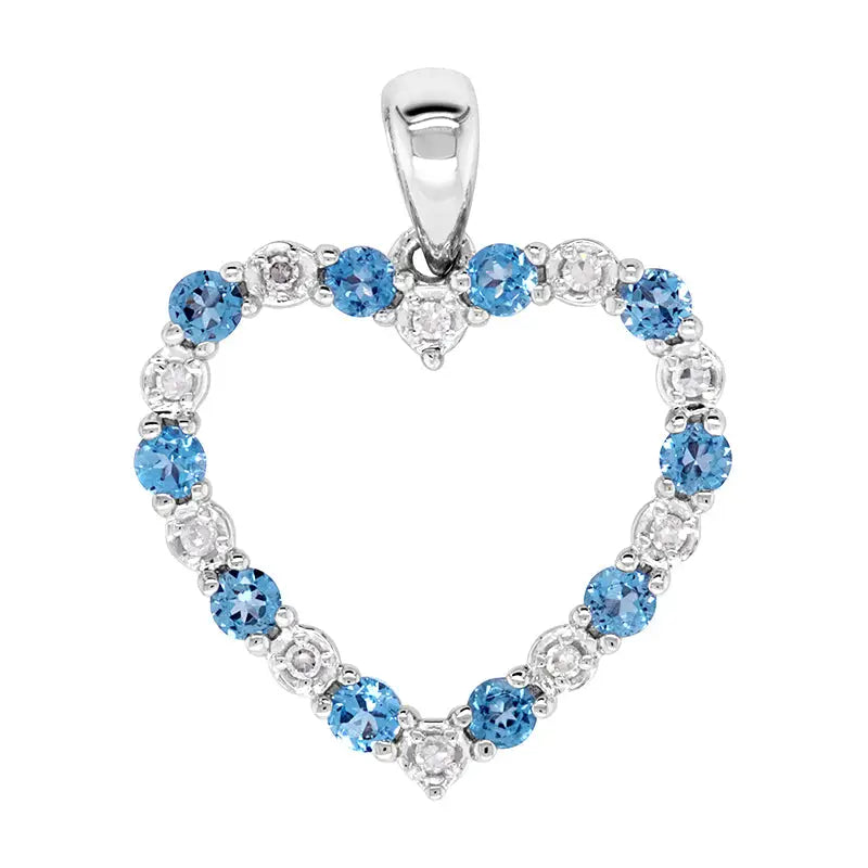 9 Carat White Gold Alternating Diamond and Blue Topaz Heart Pendant