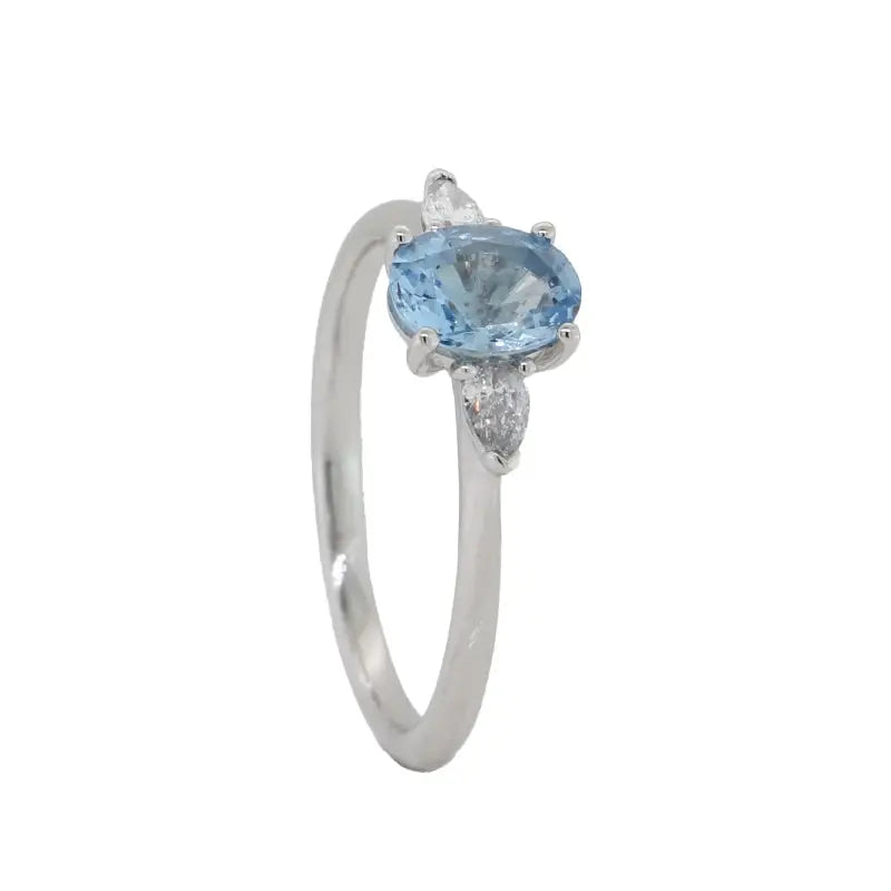 9 Carat White Gold Aquamarine Oval 6.9x5.3mm 0.70ct Mid-Blue and Diamond Ring