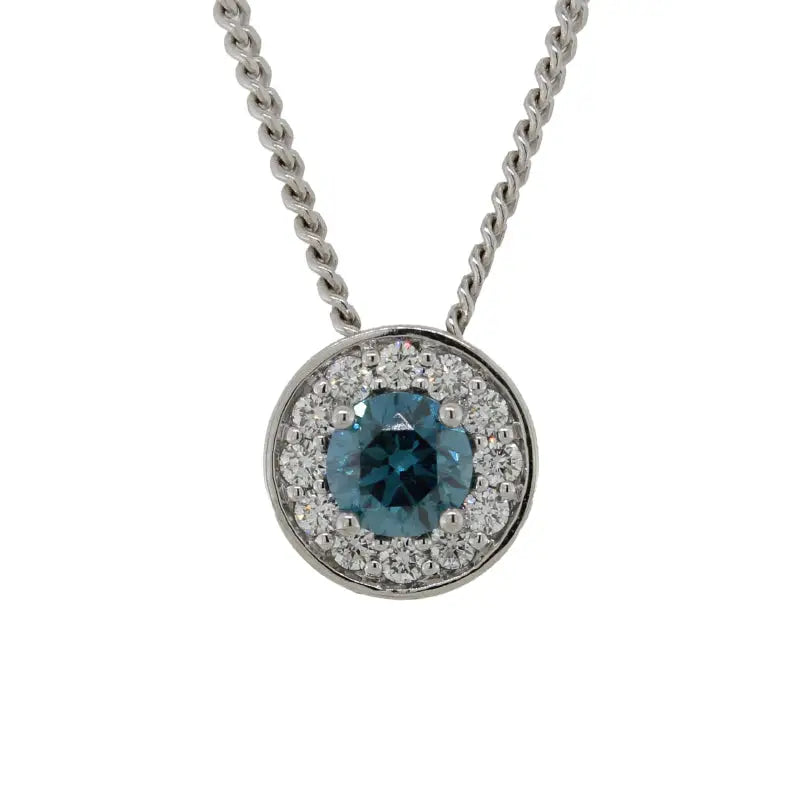 9 Carat White Gold Blue HPHT 0.45ct Diamond with Diamond Halo Pendant with 9 Carat White Gold Chain