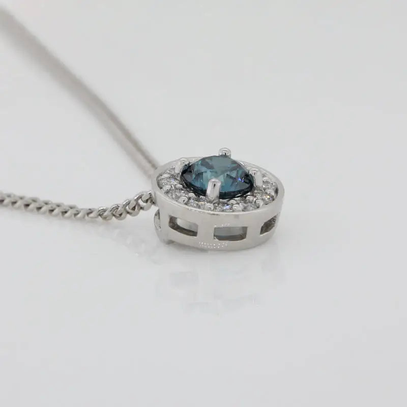 9 Carat White Gold Blue HPHT 0.45ct Diamond with Diamond Halo Pendant with 9 Carat White Gold Chain