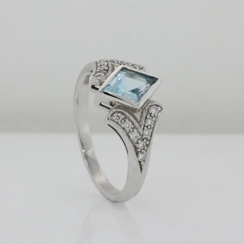 9 Carat White Gold Blue Topaz & Diamond Art Deco Ring