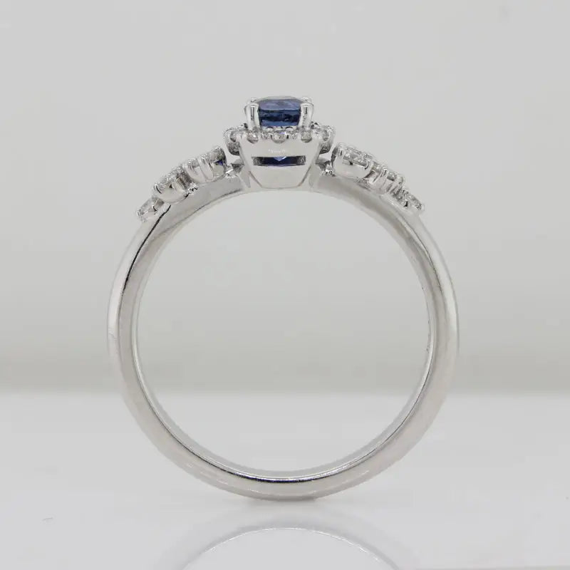 9 Carat White Gold Ceylon Type Sapphire Ring with Diamond Halo & Shoulders