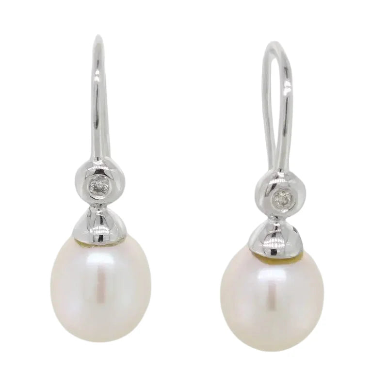 9 Carat White Gold Fresh Water Pearl & Diamond Drop Earrings