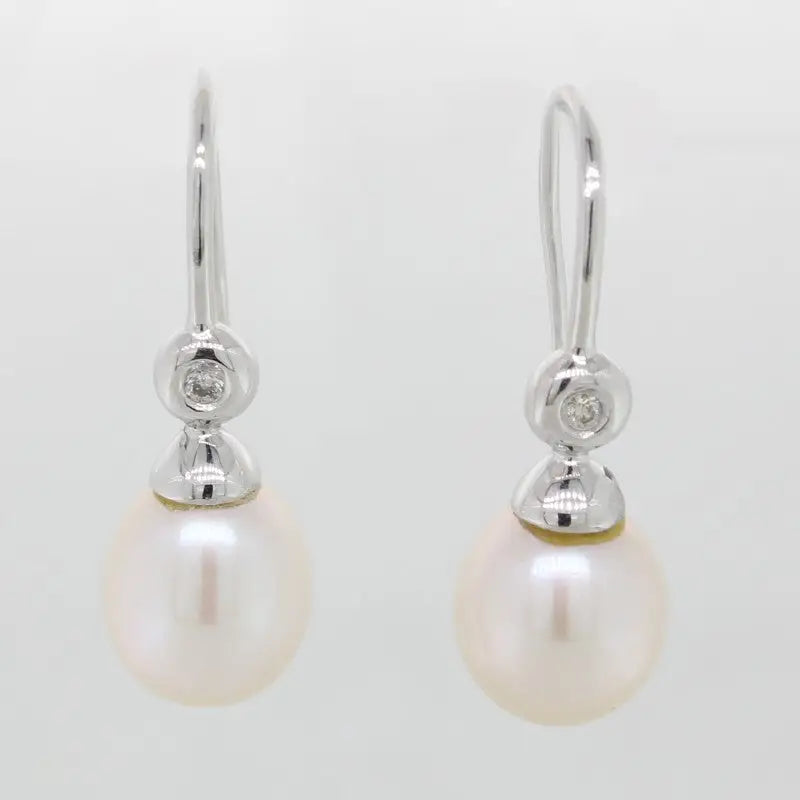 9 Carat White Gold Fresh Water Pearl & Diamond Drop Earrings