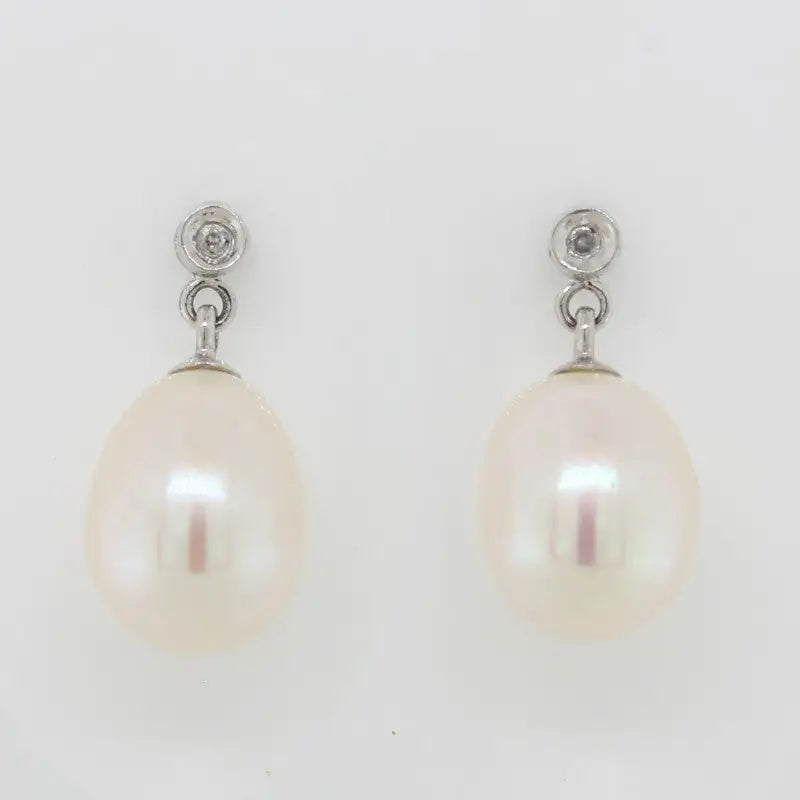 9 Carat White Gold Freshwater Pearl & Diamond Stud Drop Earrings