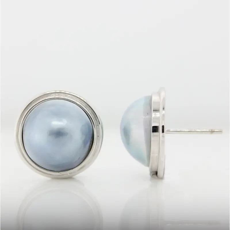 9 Carat White Gold Handmade 13.50mm Natural Blue-Grey Mabe Pearl Earrings