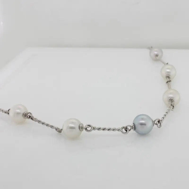 9 Carat White Gold, Handmade Twist Chain, 52cm with Seven 7.5mm to 8mm Blue, Silver, White South Sea Pearls