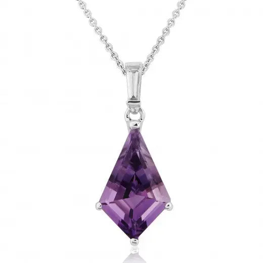 9 Carat White Gold Kite Shaped Amethyst & Diamond Pendant