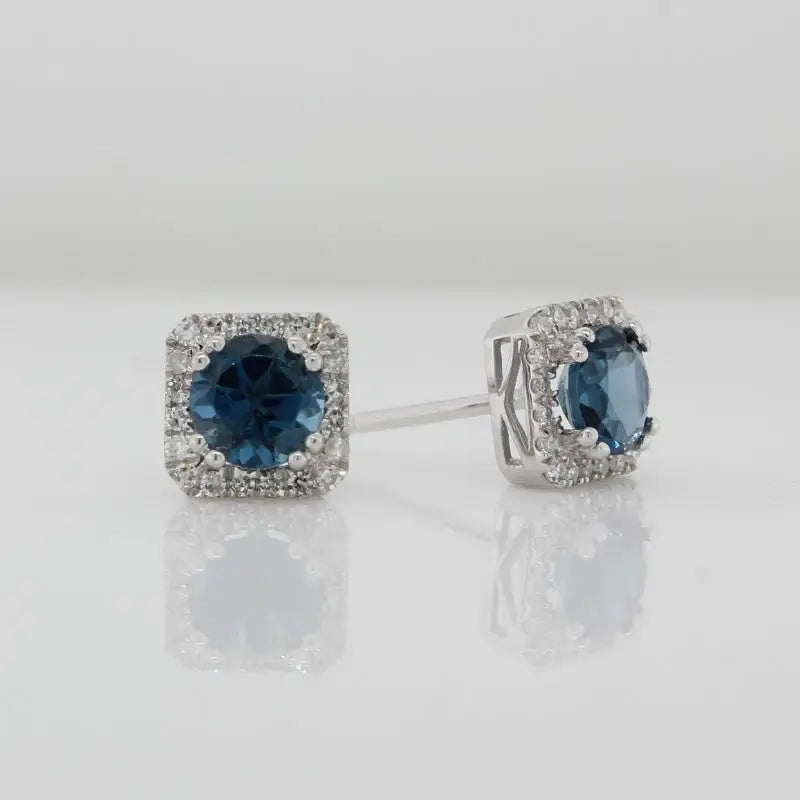 9 Carat White Gold London Blue Topaz & Diamond Halo Stud Earrings Total Diamond Weight 0.153 Carat 