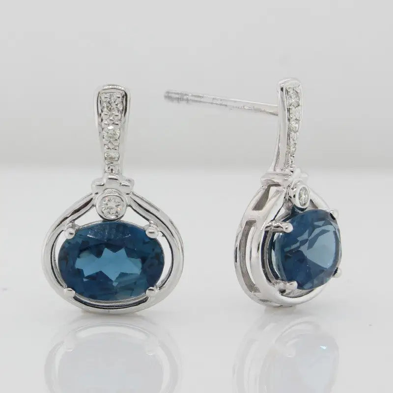 9 Carat White Gold London Blue Topaz & Diamond Stud Drop Earrings