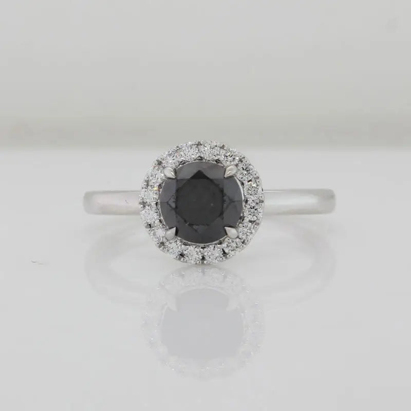 9 Carat White Gold Natural Black Round Brilliant Cut Diamond with a Halo of Diamonds Ring