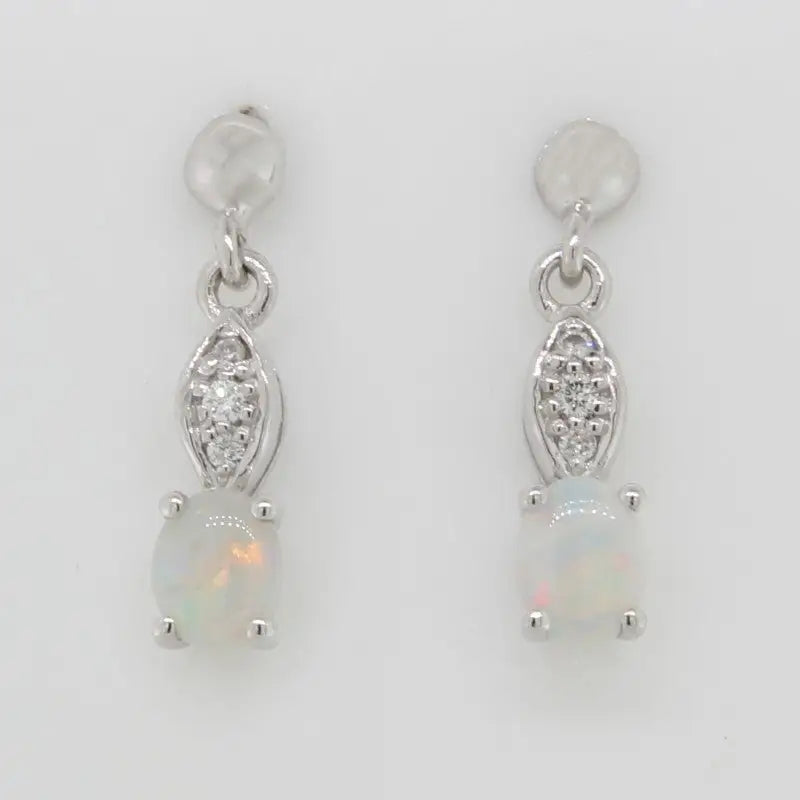 9 Carat White Gold Solid Crystal Opal & Diamond Earrings