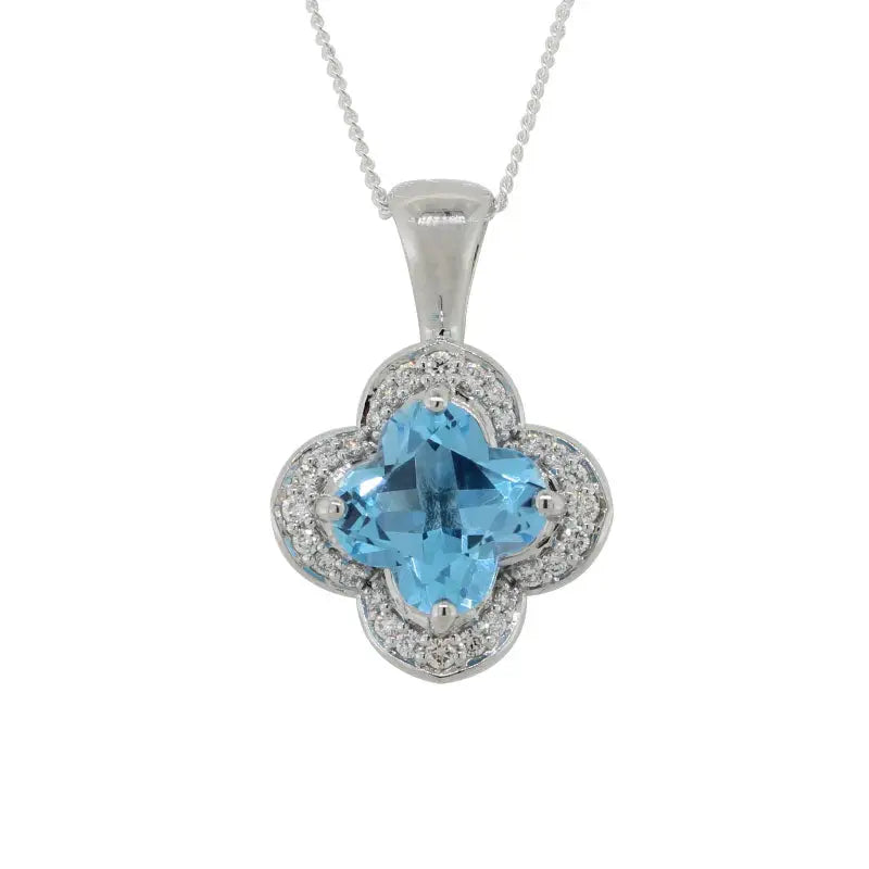 9 Carat White Gold Swiss Blue Topaz Flower Shape 7.3mm, Cabochon Top 1.99 Carat Diamond Halo Pendant